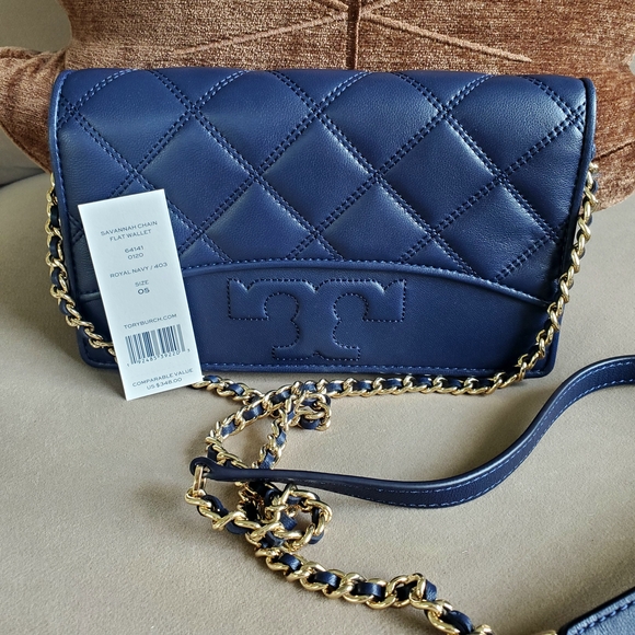 NWT Tory Burch Savannah Quilted Leather T Logo Chain Crossbody Flat Wallet Navy - Picture 4 of 5